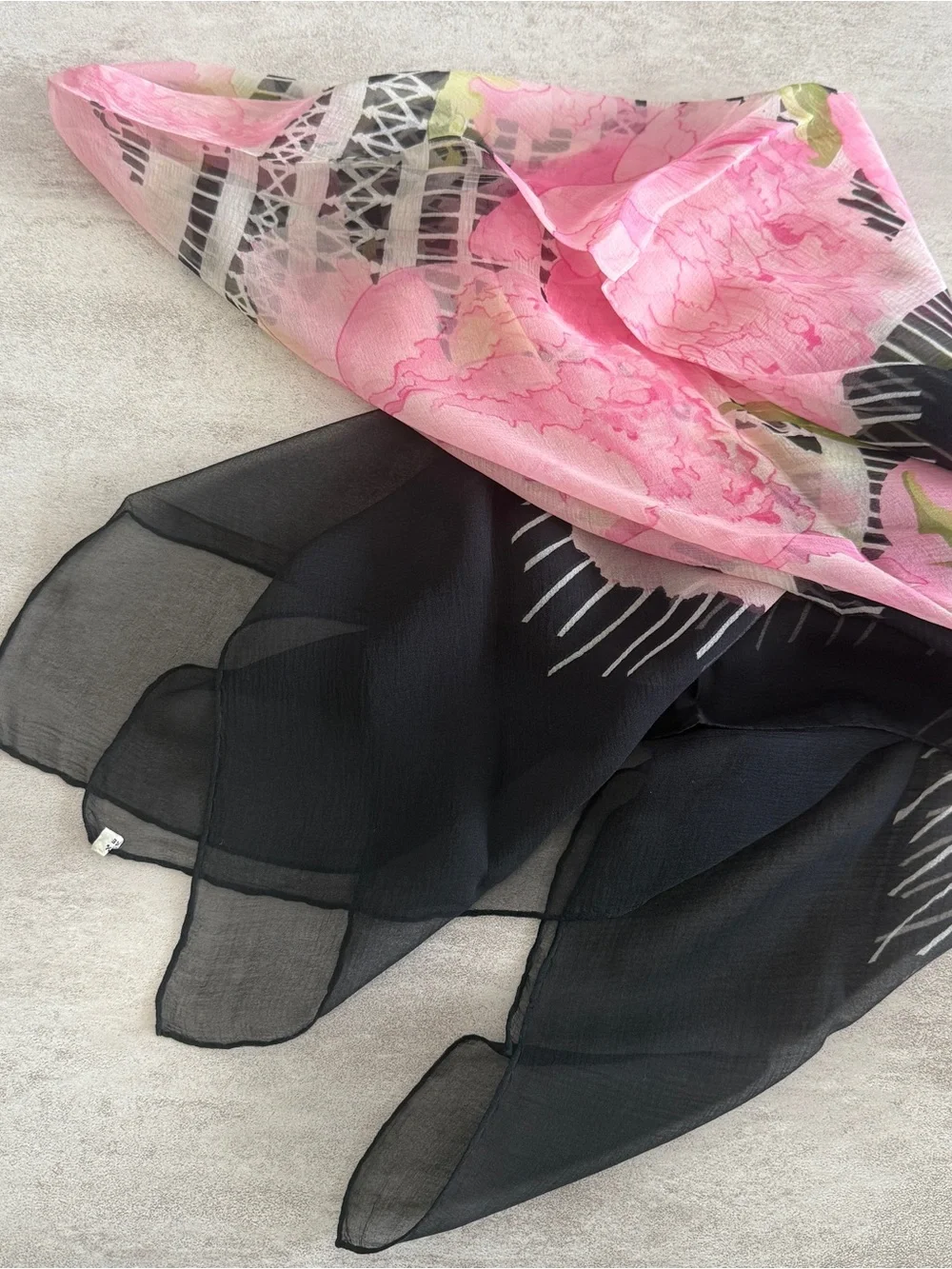 Hermes Pink Floral Silk Scarf with Black Border and Green Leaves